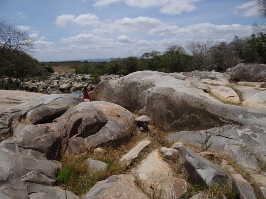 La piedra está en el medio del río Bacamarte – Actualmente seco – Sería necesario desviar el río para poder preservarla